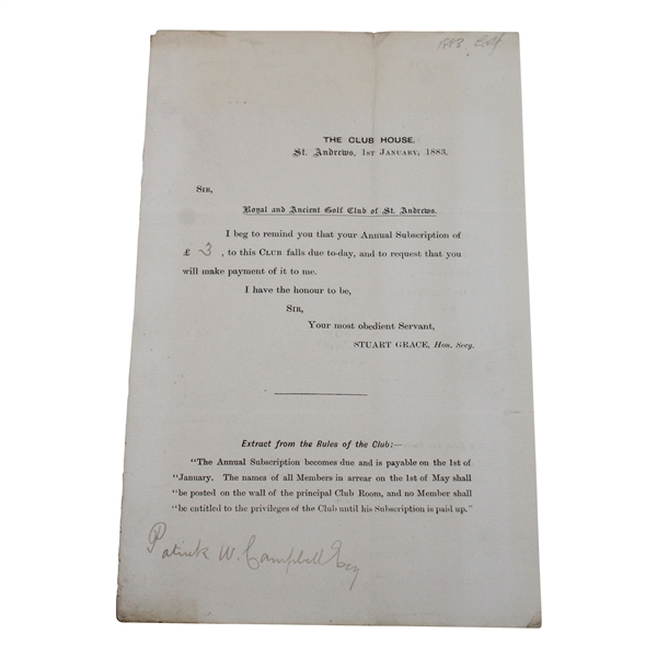 1883 Royal & Ancient Golf Club of St. Andrews  Annual Fees Due Notice