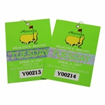 Two (2) 1997 Masters Tournament Tuesday Practice Round Tickets - Tiger Woods 1st Win
