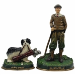 Classic Golfer in Plus Fours & Club with Caddy Dog & Golf Bag Bookends