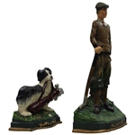 Classic Golfer in Plus Fours & Club with Caddy Dog & Golf Bag Bookends