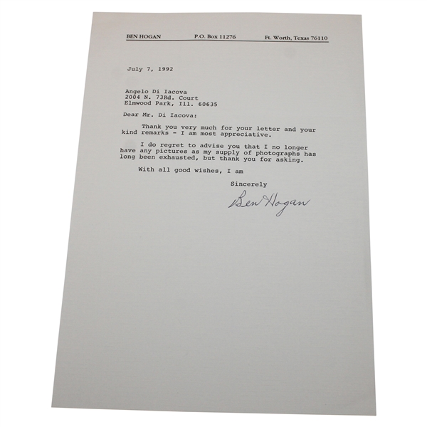 Ben Hogan Signed Letter On Personal Stationary Dated July 7, 1992 JSA ALOA