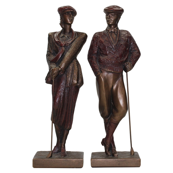 Pair of Male and Lady Austin Sculpture Statues - Leaning on Clubs