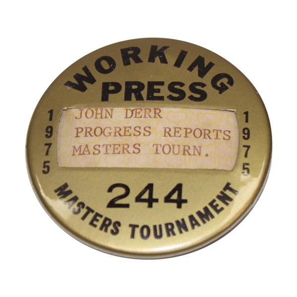 1975 Masters Tournament Working Press Badge - Jack Nicklaus Winner - John Derr Collection