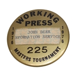 1976 Masters Tournament Working Press Badge - Ray Floyd Winner - John Derr Collection