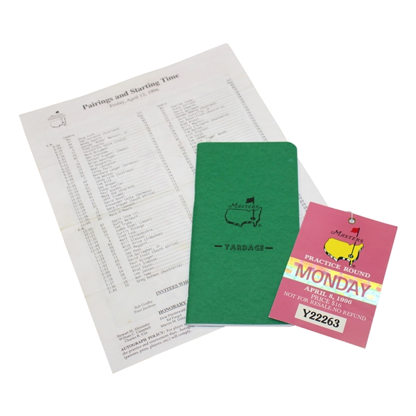 Gene Sarazens Personal 1996 Masters Tournament Pairing Sheet, Monday Practice Round Ticket & Yardage Book