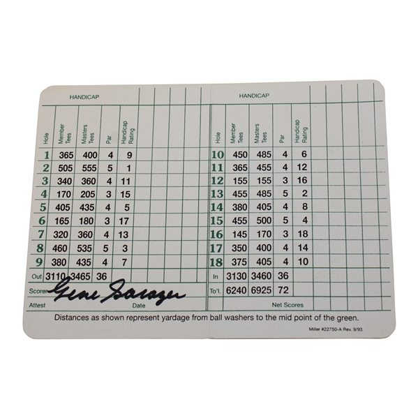Gene Sarazen Signed Augusta National Golf Club Scorecard - Sarazen Collection JSA ALOA