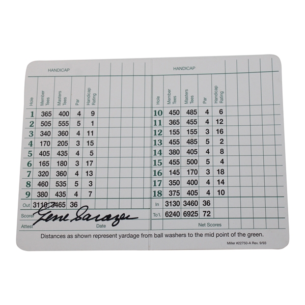 Gene Sarazen Signed Augusta National Golf Club Scorecard - Sarazen Collection JSA ALOA