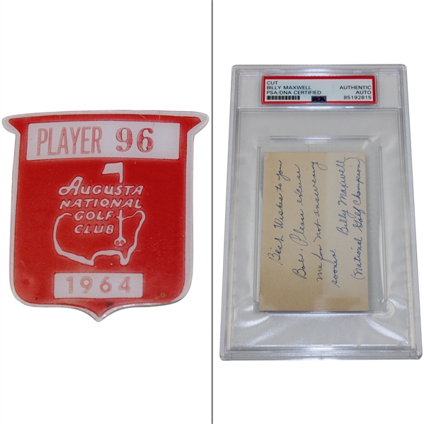 Billy Maxwell’s 1964 Masters Contestants Badge & Signed Index Card PSA COA