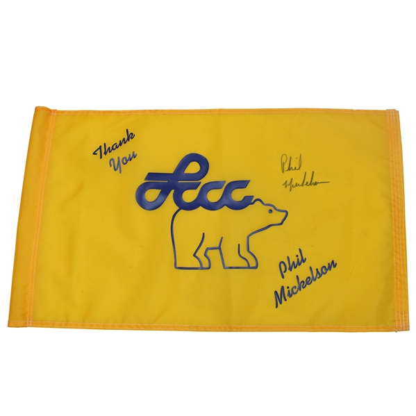 Phil Mickelson Signed Larain County Community College Charity Golden Bear Flag JSA ALOA