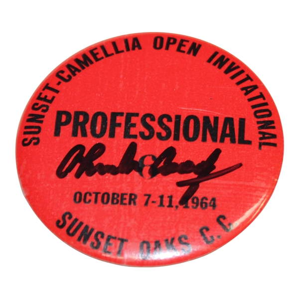 Charles Coody Signed 1964 Sunset-Camellia Open Invitational Contestant Badge JSA ALOA