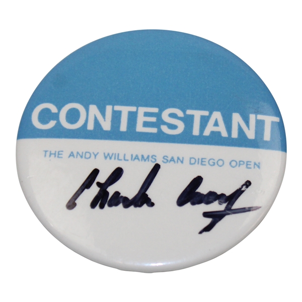 Charles Coody Signed The Andy Williams San Diego Open Contestant Badge JSA ALOA
