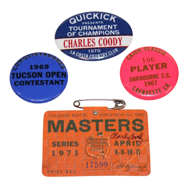 Charles Coody Signed 1971 Masters SERIES Badge #17599 w/Three (3) Coody Contestant Badges JSA ALOA
