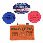 Charles Coody Signed 1971 Masters SERIES Badge #17599 w/Three (3) Coody Contestant Badges JSA ALOA