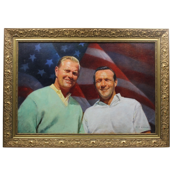 Original Arnold Palmer & Jack Nicklaus Oil Painting w/American Flag Background by Artist Michael Heslop