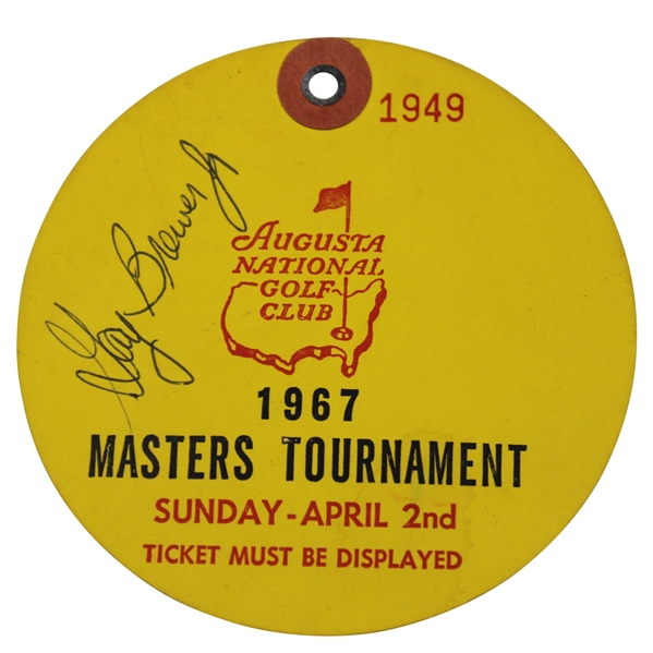 Gay Brewer Signed 1967 Masters Tournament Sunday Ticket #1949 JSA ALOA