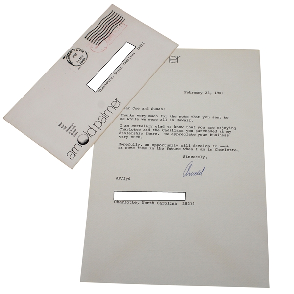 Arnold Palmer Signed Letter to Joe & Susan Panko w/Arnold Palmer Letterhead & Envelope JSA ALOA