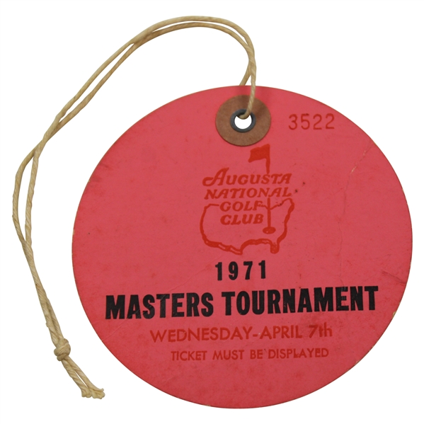 1971 Masters Tournament Wednesday Practice Rd Ticket #3522 - Charles Coody Winner