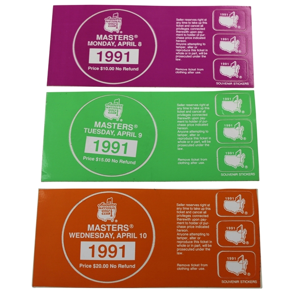 1991 Masters Tournament Monday, Tuesday & Wednesday Practice Rd Tickets - Ian Woosnam Winner