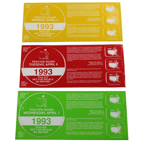 1993 Masters Tournament Monday, Tuesday & Wednesday Practice Rd Tickets - Bernhard Langer Winner