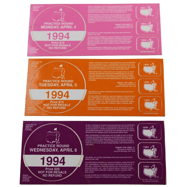 1994 Masters Tournament Monday, Tuesday & Wednesday Practice Rd Tickets - Jose Maria Olazabal Winner