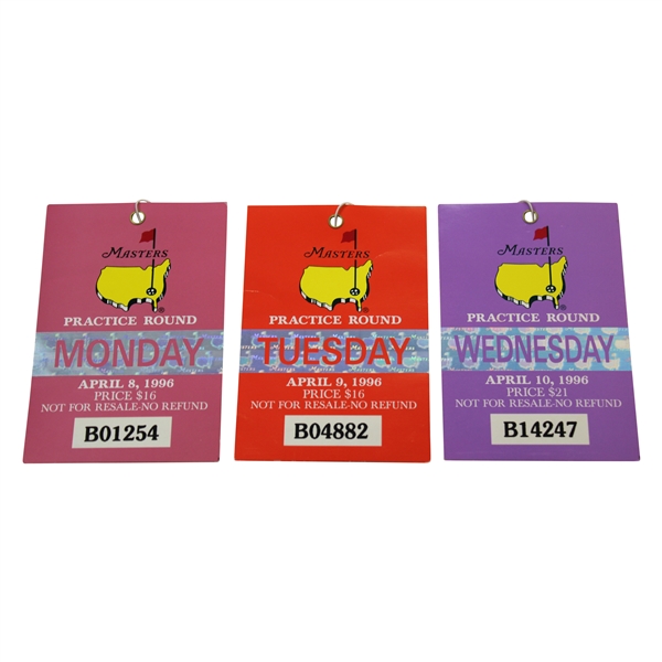 1996 Masters Tournament Monday, Tuesday & Wednesday Practice Rd Tickets - Nick Faldo Winner