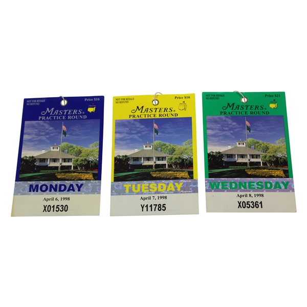 1998 Masters Tournament Monday, Tuesday & Wednesday Practice Rd Tickets - Mark OMeara Winner