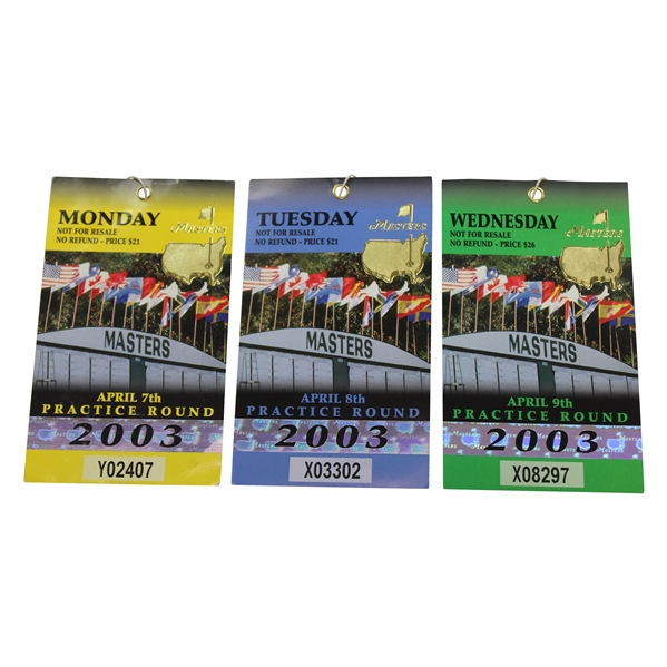 2003 Masters Tournament Monday, Tuesday & Wednesday Practice Rd Tickets - Mike Weir Winner