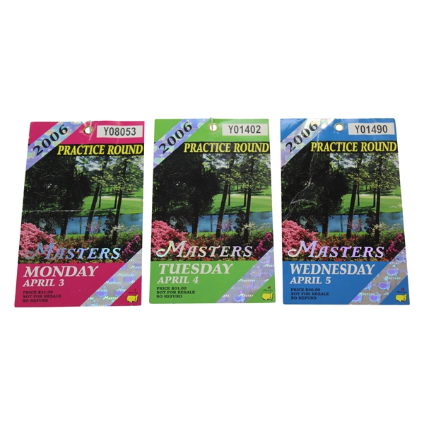 2006 Masters Tournament Monday, Tuesday & Wednesday Practice Rd Tickets - Phil Mickelson Winner