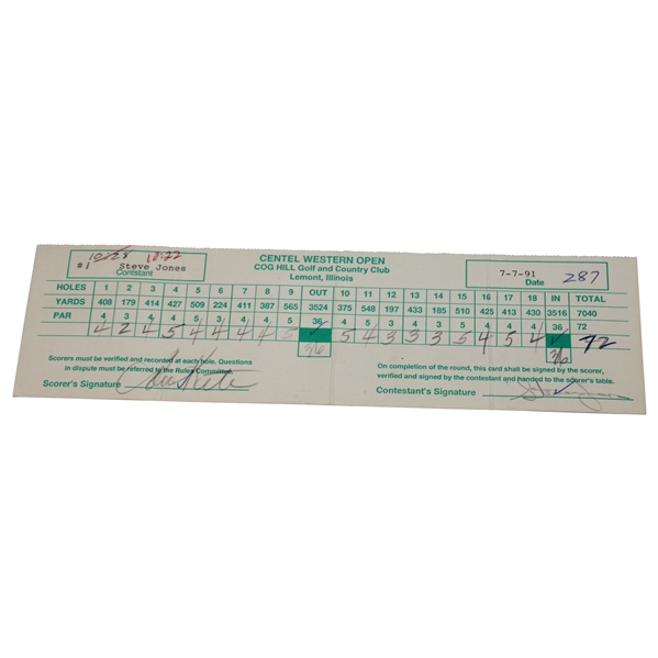 Steve Jones Signed 1991 Centel Western Open at Cog Hill Official Final Rd Scorecard 