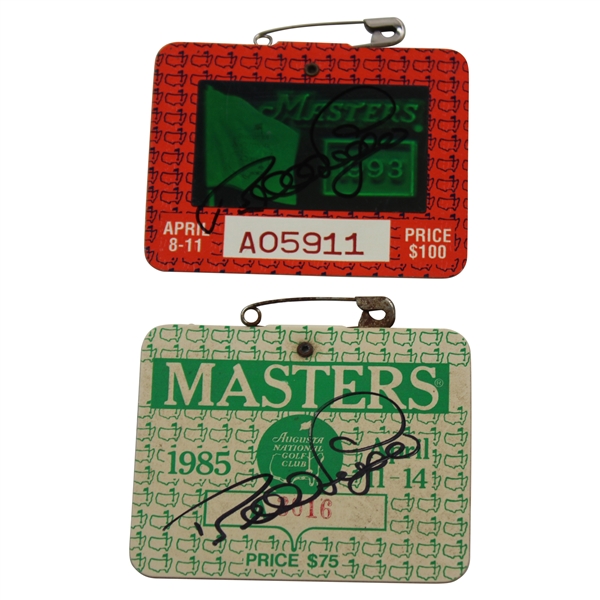 Bernhard Langer Signed 1985 & 1993 Masters Series Badges JSA ALOA