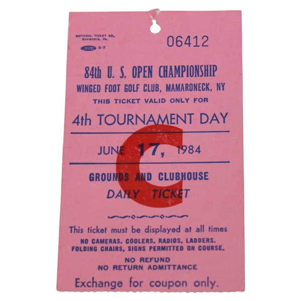 1984 US Open at Winged Foot Golf Club Grounds & Clubhouse Daily Ticket #06412 - Zoeller Win