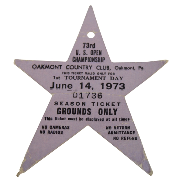 1973 US Open at Oakmont Country Club Season Ticket #01736 - Miller Win