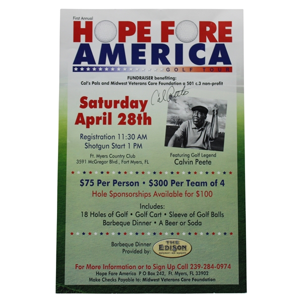 Calvin Peete Signed First Annual Hope Fore America Golf Tour Poster Ad JSA ALOA