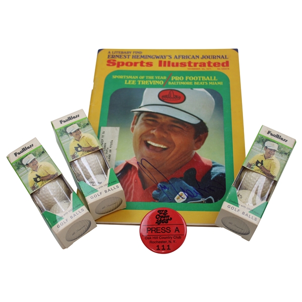 Lee Trevino Signed 1971 SI, 1968 US Open Press Badge & 3 Sleeves Lee Trevino Faultless Golf Balls JSA ALOA
