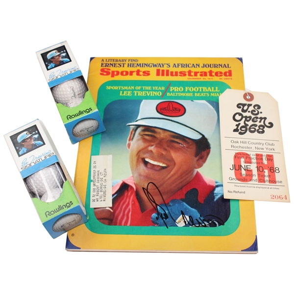Lee Trevino Signed 1971 SI Magazine & 1968 US Open Ticket w/(2) Sleeves Trevino Signature Golf Balls JSA ALOA