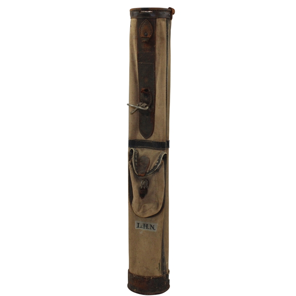 Vintage Pat. 1917 Brown Leather & Canvas Stove Pipe L.H.N. Burkhe Golf Bag