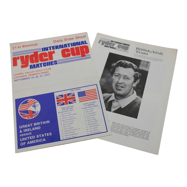 1975 Ryder Cup Draw Sheet & European Team Insert - Laurel Valley Golf Club 