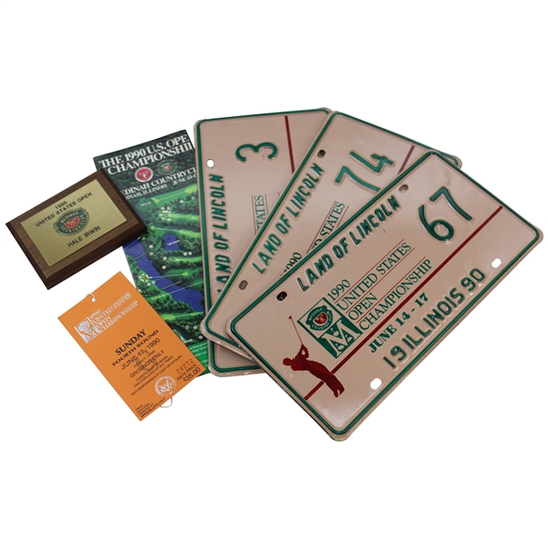 Hale Irwins Personal 1990 US Open At Medinah (3) License Plates, Sunday Grounds Pass, Desk Plaque & Spec Guide