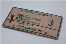 Hale Irwin's Personal 1990 US Open At Medinah (3) License Plates, Sunday Grounds Pass, Desk Plaque & Spec Guide