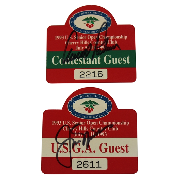 Champion Jack Nicklaus & Arnold Palmer Signed 1993 US Senior Open Guest Badges JSA ALOA