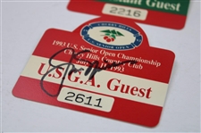 Champion Jack Nicklaus & Arnold Palmer Signed 1993 US Senior Open Guest Badges JSA ALOA