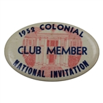 1952 Colonial National Invitation Tournament Club Member Badge - Ben Hogan Winner