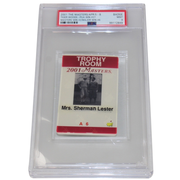2001 Masters Tournament Trophy Room Badge #A-6 Tiger PGA Win #27 PSA MINT 9