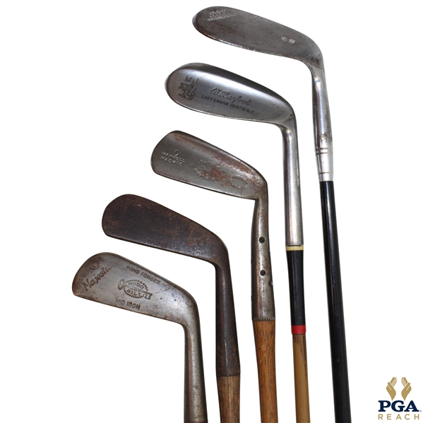 Lot of Five Hickory Shaft Clubs Including Mid Iron, Mashie, 7 Iron, 8 Niblick & Maxwell Mashie