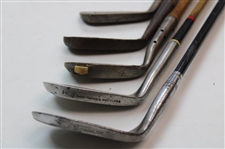Lot of Five Hickory Shaft Clubs Including Mid Iron, Mashie, 7 Iron, 8 Niblick & Maxwell Mashie