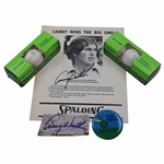 Lanny Wadkins Signed Adv. Page, 1977 PGA Press Badge, Cut Card, & 2 Sleeves Wadkins Spalding Golf Balls JSA ALOA