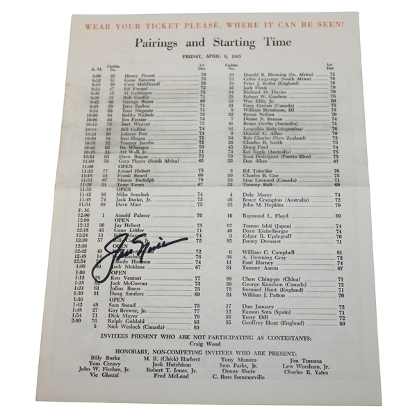 Jack Nicklaus Signed 1965 Masters Tournament Friday Pairing Sheet JSA ALOA
