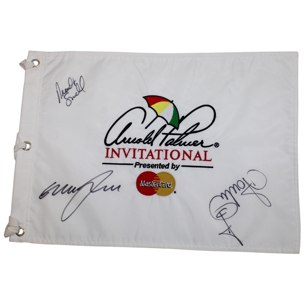 McDowell, Poulter & Snedeker Signed Arnold Palmer Inv. White Embroidered Flag JSA ALOA