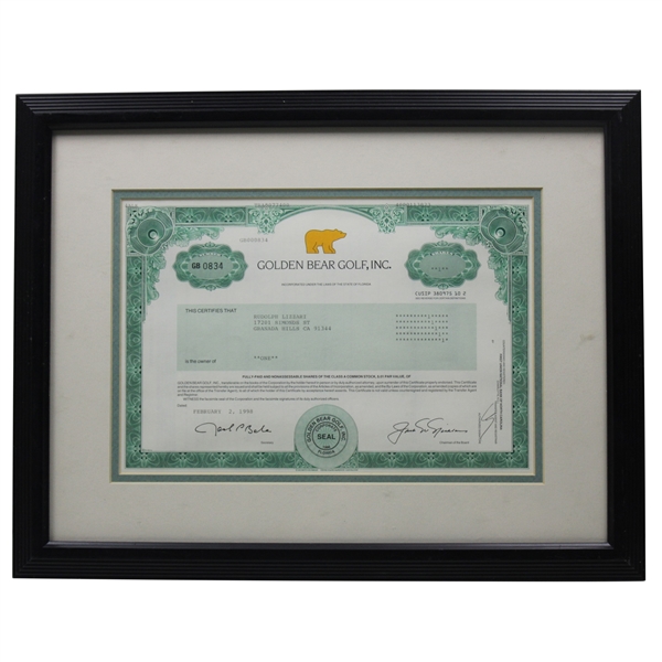 Jack Nicklaus Golden Bear Golf, Inc. 1998 Stock Certificate - Framed