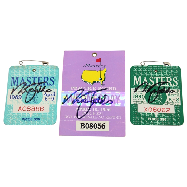 Nick Faldo Signed 1989 & 1990 Masters SERIES Badges plus 1996 Practice Rd Ticket JSA ALOA